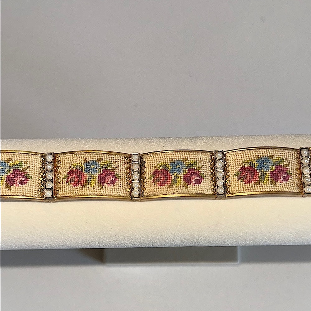 Vintage Hinged Panel Bracelet Needlepoint Flower Set in Brass